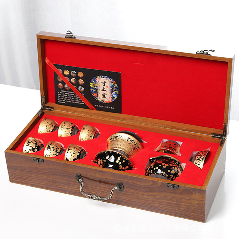 24K gold oil drop Jianzhan tea set, Jianyang famous handmade ceramic raw ore iron tire complete set of kung fu tea set