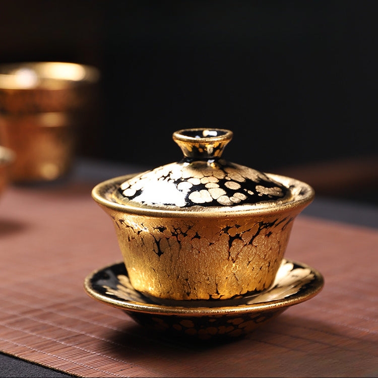 24K gold oil drop Jianzhan tea set, Jianyang famous handmade ceramic raw ore iron tire complete set of kung fu tea set
