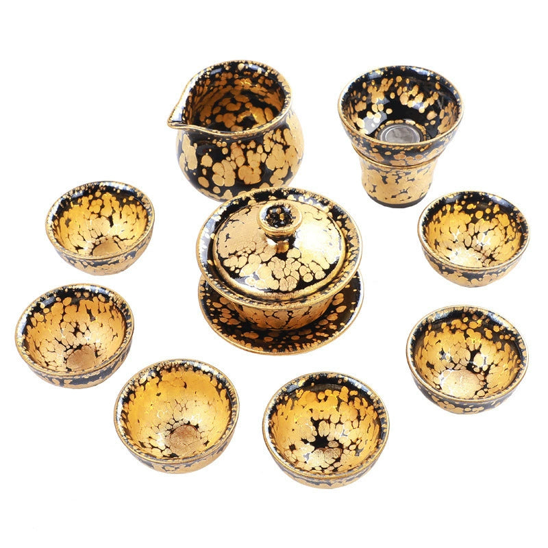 24K gold oil drop Jianzhan tea set, Jianyang famous handmade ceramic raw ore iron tire complete set of kung fu tea set