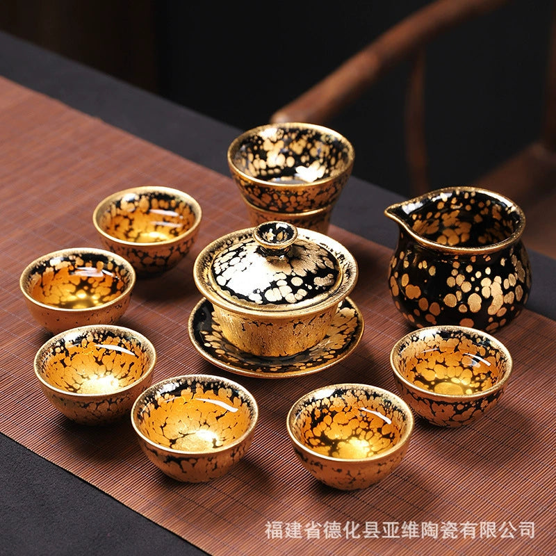 24K gold oil drop Jianzhan tea set, Jianyang famous handmade ceramic raw ore iron tire complete set of kung fu tea set