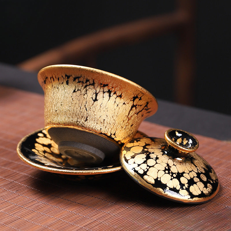 24K gold oil drop Jianzhan tea set, Jianyang famous handmade ceramic raw ore iron tire complete set of kung fu tea set