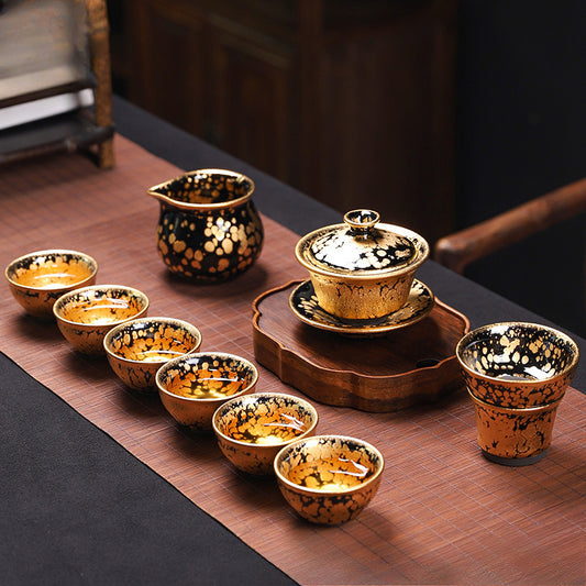 24K gold oil drop Jianzhan tea set, Jianyang famous handmade ceramic raw ore iron tire complete set of kung fu tea set